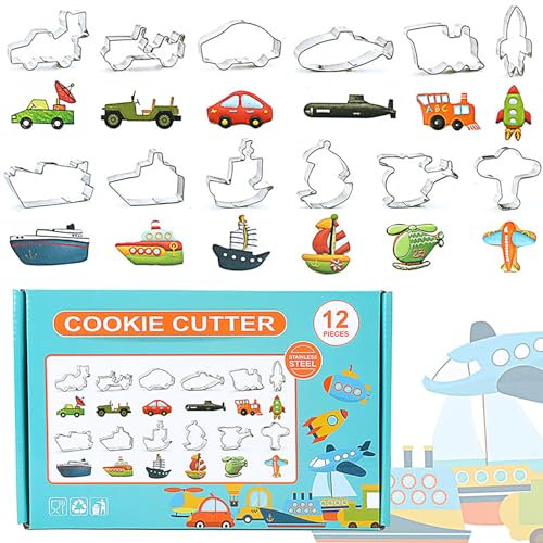 Holzsammlung Ausstechformen Karikatur Ausstecher 12 Stück, Keksausstecher Edelstahl, DIY Küche Zubehör Auto Raketen Yacht Schiffs Formen Plätzchen Ausstecher Set für Keks, Backen Fondant, Kuchen Deko
