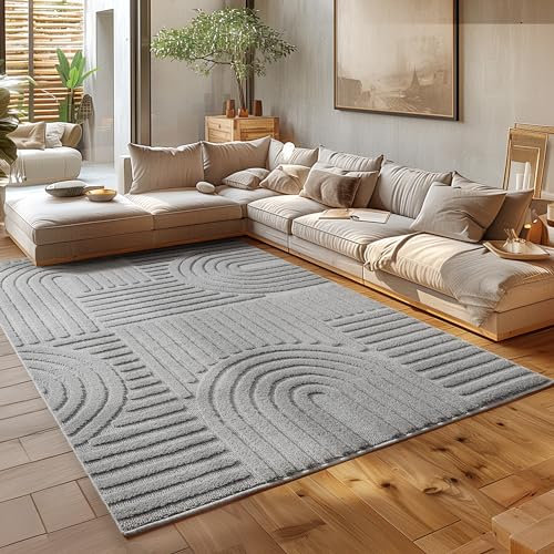 HomebyHome Kurzflor Teppich 300x400 (280x370 cm) Silber - Hoch-Tief 3D Effekt, Waschbar, Flauschig und Extra Weich - Skandinavisch Boho Muster für Wohnzimmer, Schlafzimmer und Esszimmer