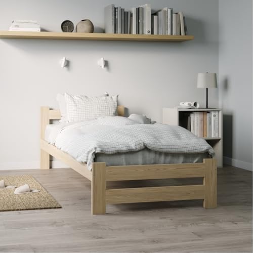 Holzbett 90x200 cm mit Lattenrost Modern Bett Bed Kiefer Massiv Bettgestell Einzelbett Massivholzbett Klassisch | Komfortabel & Langlebig | Skandinavisch Boho Landhaus Kopfteil mittel natur