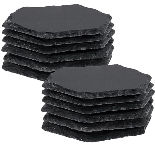 FUNSUEI Sechseckige Schiefer-Untersetzer aus schwarzem Schiefer, 10 x 10 cm, Naturschiefer-Untersetzer zum Gravieren, sechseckige Schieferuntersetzer für Tassen, Becher, Gläser, 12 Stück