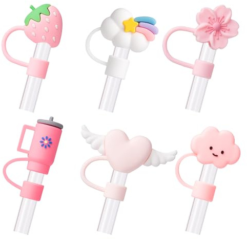 BULKITEM 6Pcs Pink Cue Straw Cover Cap for Stanley Cup 40 30oz Tumbler, 10mm Reusable Cute Drinking Straw Topper Accessories, Portable Protector Plugs Decorations Gifts for Party