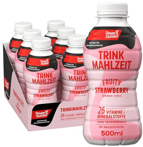 Power System Trinkmahlzeit Fruity Strawberry 6 x 500ml leckere Mahlzeitenersatz, 33g Protein, 26 Vitamine + Mineralstoffe inkl. 1,50€ Pfand