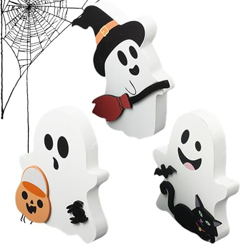 Paneles de decoración fantasma de Halloween | Paneles de puerta de entrada de Halloween de 3 piezas | Decoraciones de mesa de madera clásicas para Halloween, signos de decoración de fiesta en casa
