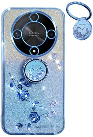 YUECXIN Cover Glitter per Honor Magic6 Lite 5G/Magic 6 Lite, Trasparente Bling Brillantini Donna Custodia, Ultra Sottile Molle Antiurto TPU Silicone Fiori Anello Supporto Case. Blu