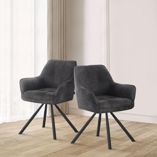 DUBI Möbel® Esszimmerstuhl Thomas-Leni 2er Set – drehbarer Polsterstuhl mit Federkern & Auto-Rückstellfunktion, Armlehnen, Metallbeine Schwarz, Webstoff Schwarz, Premium Komfort für Esszimmer & Küche
