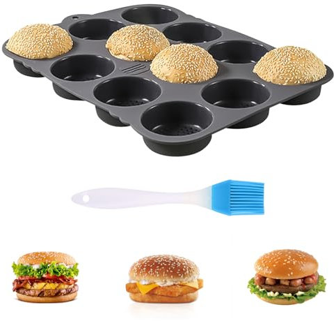 Molde de Silicona para Hamburguesas 12 Cavidades, Redondo de 8cm de Diámetro, Molde Reutilizable Antiadherente para hamburguesas, con cepillo de aceite, para Hamburguesas Pan Panecillos y Hojaldres