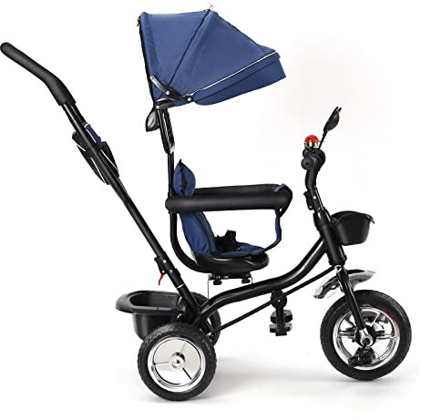 WODFARR Dreirad für Kinder, mitwachsend, faltbar, mit verstellbarem Elternstock, leisen Rollen, wendbarer Sitz, bequemer Griff (blau)