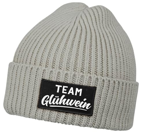 MoonWorks® Damen Beanie mit Patch Strickmütze mit Spruch Team Glühwein Aufdruck Lustig Damenmütze Grau Unisize