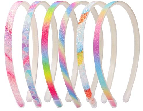 Nenjindz Glitzernde Stirnband Glitzer-Haarreif,Niedliche Rutschfeste Dicke Kunststoff-Haarbänder mit Zähnen,6 Stück Regenbogen-Pailletten Haarreifen Glitzernd Haar-Accessoire für Kinder kleine Mädchen