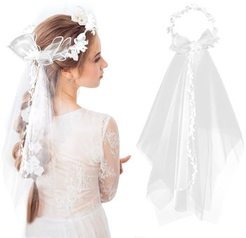 Brautschleier Schleier Braut mit Blumenkranz Haare Elegant Perlen Hochzeit Brautschleier Haarschleife Bride Haarreif für Junggesellinnenabschied Traumhochzeit Hochzeit Zubehör