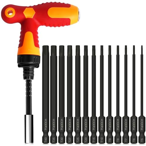 Torx Bit Set Hakkin 100mm Screwdriver Sets with Ratchet Driver S2 Steel Security Torx Bits 1/4 Shank Magnetic Torx Bit T5, T6, T8, T9, T10, T15, T20, T25, T27, T30, T35, T40