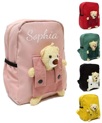 Personalisierte Kindergartenrucksack Kinder mit Gestickt Namen, Bär Kinderrucksack für Mädchen Junge, Kita Rucksack ab 1 Jahr, 27 x 20 x 10 Cm Kleinkind Schulranzen für Kindergarten Schule (Rose)