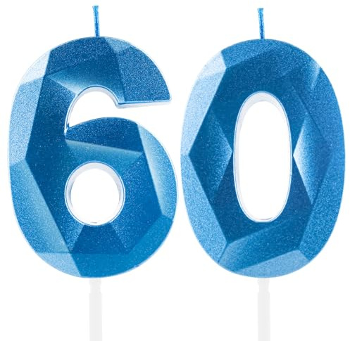 Royal Blue 60th Birthday Candles, 60th Birthday Decorations for Women Men, 3D Number 60 Candle for Cake, Sapphire Candle Topper Blue Cake Decorations for Birthday Party Wedding Anniversary Supplies