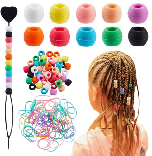 AHANDMAKER Silicone Hair Beads Set, 10x7.5mm 50Pcs Colorful Soft Silicone Pony Beads for Braids 50Pcs Rubber Bands and 1Pc Hairpin for Women Hair Accessories DIY Crafts