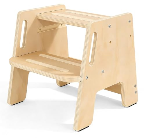Tritthocker Kinder Holz 2 Stufen, rutschfest Kinder Tritthocker mit Griff, stabiler Holztritt für Bad, Waschbecken, Küche, Kinderzimmer – Kinderhocker aus Massivholz, Fußbank Holz bis 150 kg belastbar