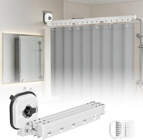 Asta pieghevole per tenda da doccia con ventosa e tenda da doccia, senza foratura, stendibiancheria retrattile, per bagno, angolo (3 vie, colore bianco + 1,2 x 2 m)