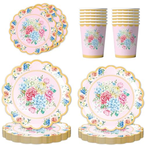 Vectorgolden 80Pcs Pink Tea Party Tableware Set Afternoon Tea Party Tableware Paper Plates Paper Cups Napkin Vintage Floral Party Decorations for Birthday Baby Show Tea Party Serve 20 Guests