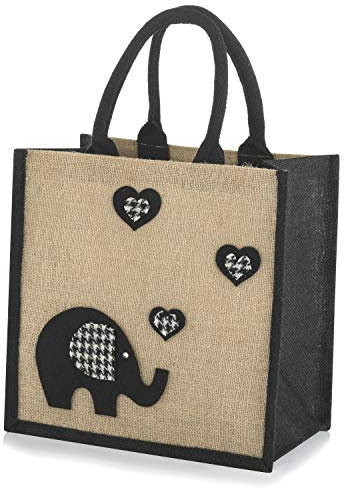 Jute Hessian Medium Shopping Bag - Elephant Black - 30 cm high x 30 cm Wide x 20 cm Depth