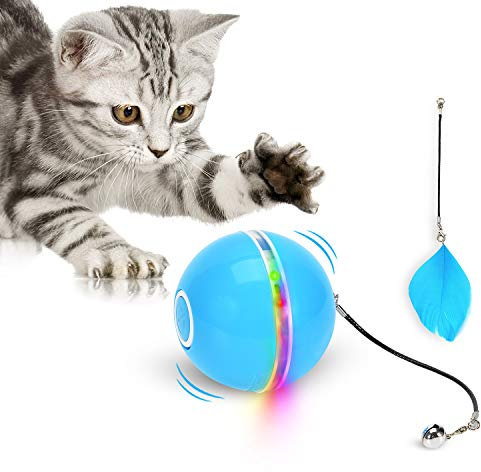 Jouet pour Chat, Balle de Jouets avec lumière LED, Cataire, Ring Bell et Plume, Amélioré Rotation Automatique à 360 Degrés et Chargement USB Jouet Interactif pour Chat, pour Animaux Chien Chatons
