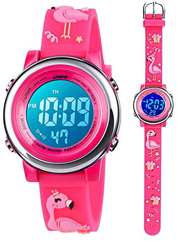Kleinkind Kinder Digitaluhren für Mädchen Jungen,3D Cute Cartoon 7 Farblichter wasserdichte Sport Elektronische Armbanduhr mit Alarm Stoppuhr für 3-10 Jahre Kinder (Flamingo-Rose Rot)