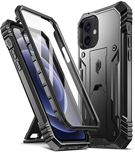 Poetic Revolution Case Compatible with iPhone 12 / iPhone 12 Pro 6.1 inch (2020 release), Full-Body Rugged Dual-Layer Shockproof Protective Cover with Kickstand and Built-in-Screen Protector, Black