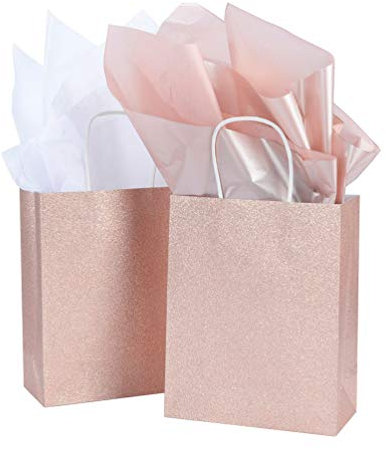 UNIQOOO 12 Pack Rose Gold Glitter Gift Bags w/ 12 Rose Gold 12 White Tissue Wrapping Paper | Kraft Paper Favor Bag for Wedding Bridal Shower Baby Shower Valentine's Day Holiday Anniversary Party