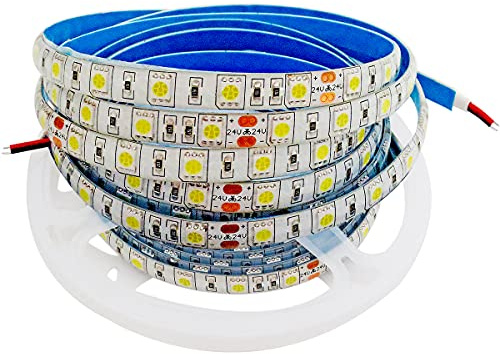 Tesfish 24V LED Streifen Licht, Weiß 6000-6500K 5M Strip Lichtband 5050 IP65 Wasserdicht 300 LEDs Band Leiste Lichtleiste für Schlafzimmer, Küche Dekoration