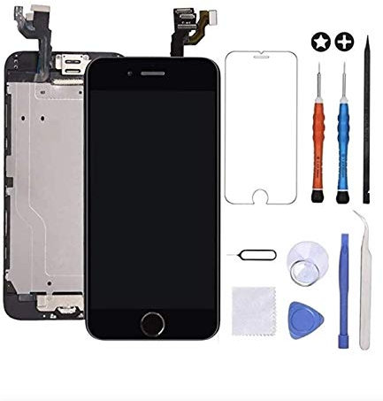Allfixparts Kit de réparation d'écran LCD pour iPhone 6 Plus, écran LCD de remplacement complet avec haut-parleur, caméra avant, capteur de proximité, verre trempé, kit de réparation (noir)