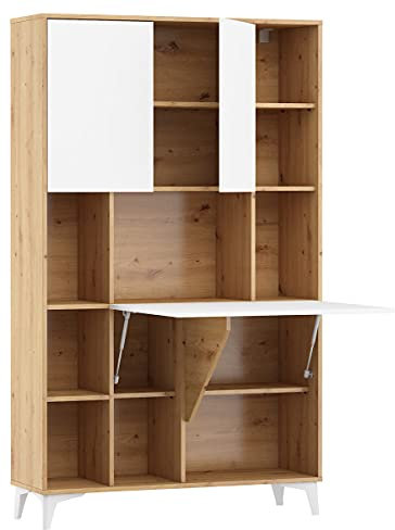 BIM Furniture Klappbare Schreibtisch Megan 2 Regale Haushaltsbüro Wandtisch Computertisch Laptop-Tisch Klapptisch (Artisan Eiche/Weiß Glanz)