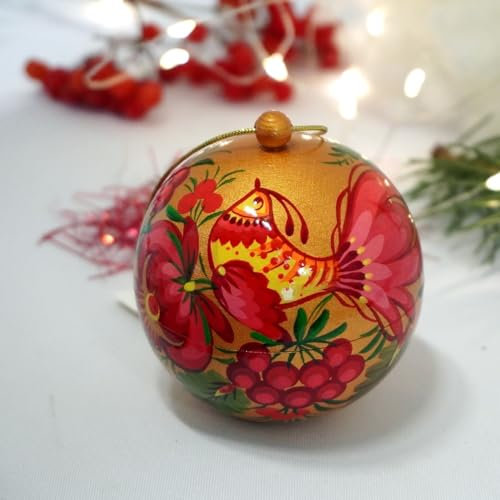 Florale Weihnachtsbaumkugel aus Holz Handbemalt mit Blumenmuster Ca. 7 cm|Lässt sich öffnen - Geschenk-Box | Traditionelle Ukrainische Handarbeit für Weihnachten