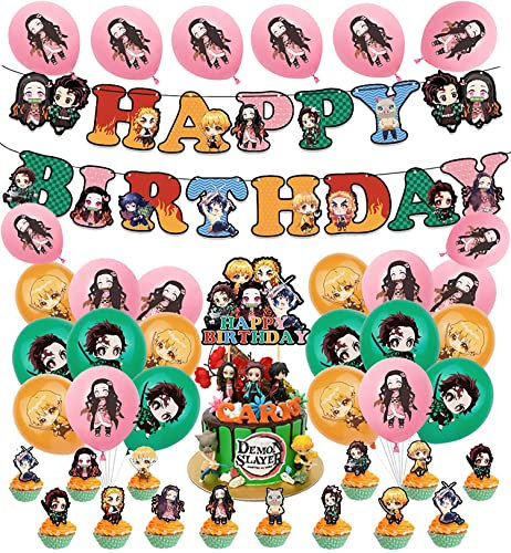 Geburtstagsdeko Luftballons Demon Slayer Geburtstag Luftballons Anime Banner Deko Kuchen Party Set für Kindergeburtstag