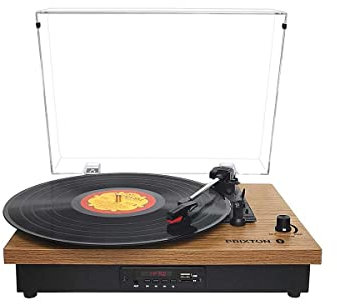 PRIXTON Studio - Tocadiscos de Vinilo Vintage Reproductor de Vinilo y Reproductor Bluetooth USB Tarjeta SD y Radio, 2 Altavoces, Tapa Antipolvo, Madera (Reacondicionado)