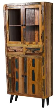 MASSIVMOEBEL24.DE | Sixties Vitrine aus Massivholz #113 | Altholz - Mehrfarbig, lackiert | mit 2 Schubladen + 2 Holztüren | 90 x 35 x 200 cm | Schrank Glasvitrine Hochschrank