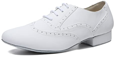 MINITOO Mens Dance Shoes Block Standard Heel Synthetic Leather Ballroom Dancing Shoes L499 White UK 7