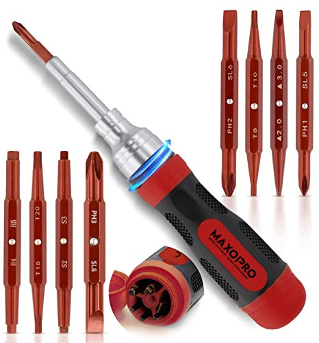 MaxoPro Ratcheting Multi Screwdriver with Magnetic Tips - 19 in 1 Ratchet Screwdriver Set - Portable and Multipurpose All in One Screwdriver, Phillips/Slotted/Torx-Star/Hex/Square Bits