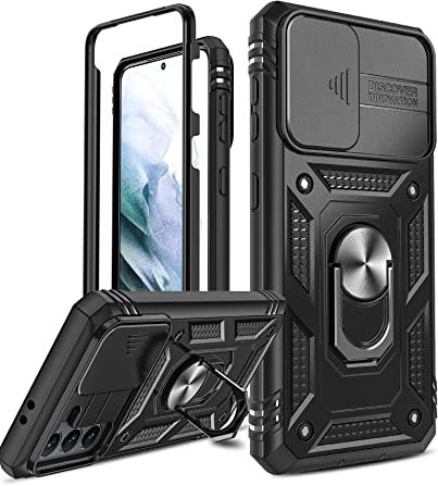 LeYi Samsung S21 Case(No Screen Protector) with Camera Cover Slider, Samsung Galaxy S21 5G Phone Case Ring Stand Holder 360° Full Body Military Grade Protective Shockproof Rugged Hard Cover Black
