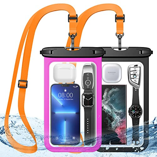 HWeggo Custodia impermeabile Smartphone,10,5'' extra large IPX8 impermeabile con cordino compatibile con iPhone 14 Pro Max/13/12/11,Samsung S23 S22 S21 Ultra,Huawei,Xiaomi ecc.(Nero+Rosa)