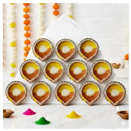 Home Genie Handmade Diya Lanterns - Hand Painted Clay Mitti Diyas - Pack of 12 - Colours for Diwali/Deepawali Decoration