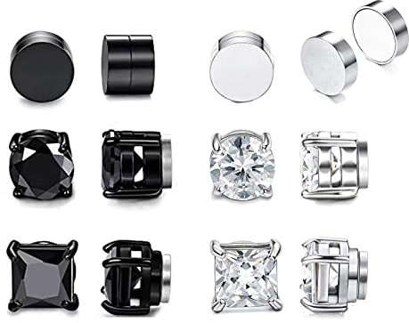 Magnet Ohrringe 6 Paare Zirkon Ohrstecker für Herren Damen Jungen Mädchen - Clip Edelstahl Ohrringe in Schwarz