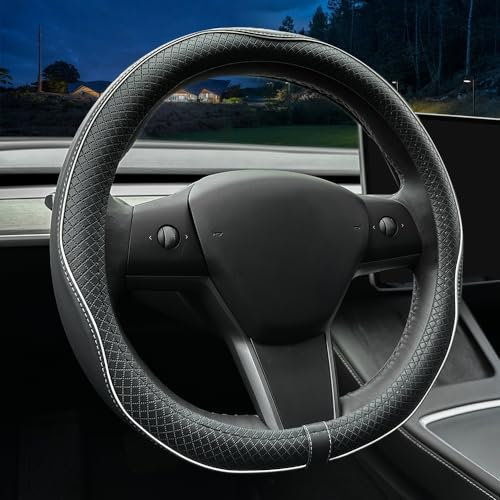 LKWLIKEI Nappa Leather Ultra-Thin Steering Wheel Cover, for Tesla Model 3/Y Steering Wheel Cover, Non-Slip Design and Interior Modification of car Accessories.