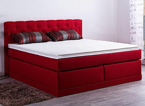 AUKONA Boxspringbett Helena 180x200, Rot H4, 7 Zonen Taschenfederkern-Matratze, H2 H3 H4, Komfortschaum-Topper, Lieferung und Aufbau kostenlos