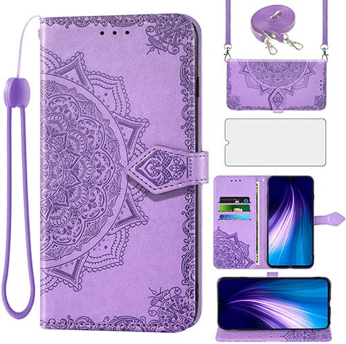 Asuwish Funda Mandala para Xiaomi Redmi Note 8 Pro con Cuerda y Cristal Protector de Pantalla Tarjetero Plegable Cadena Cuero Monedero Capa para Note8 8pro M1906G7G Carcasa Case Púrpura