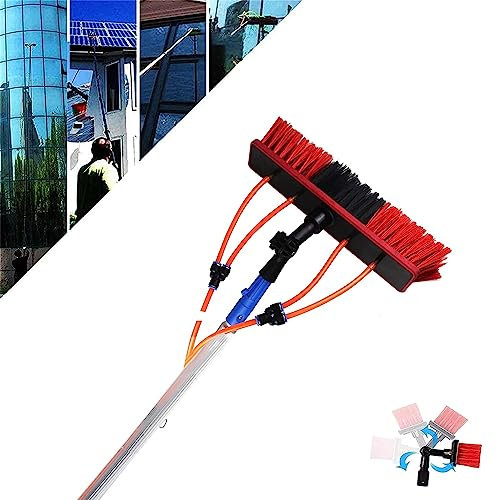 Gguwug 6m/20ft Stange Waschbürste mit Wasseranschluss mit 35cm bürste Teleskopstange Fensterreinigung, Ausziehbarer Reiniger Wintergartendach, Reinigung von Photovoltaik
