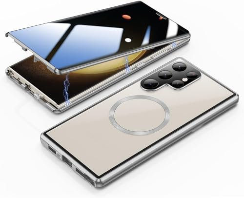 MEIQIBAO Hülle für Samsung Gala S23 Ultra 5G(6.8) Magnetische Adsorption Metall Stoßstange mit 360 Grad Schutz Ultra Dünn Transparent Gehärtetes Glas Unterstützt drahtloses Laden,White