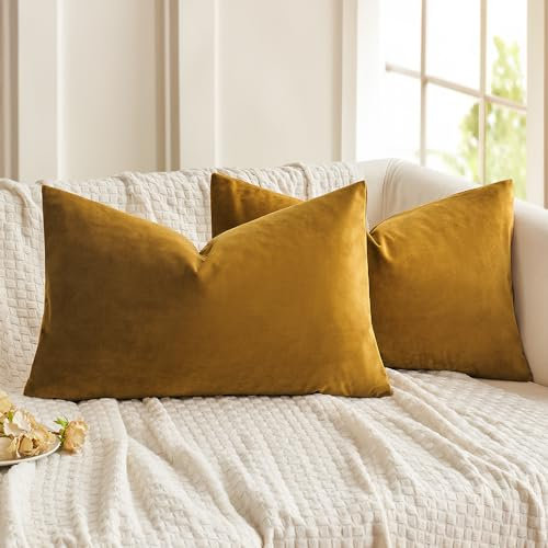 MIULEE 2er Set Samt Soft Solid Dekorative Quadrat Wurf Kissenbezüge Set Kissen Fall für Sofa Schlafzimmer Senfgelb 12x20 Zoll 30x50 cm