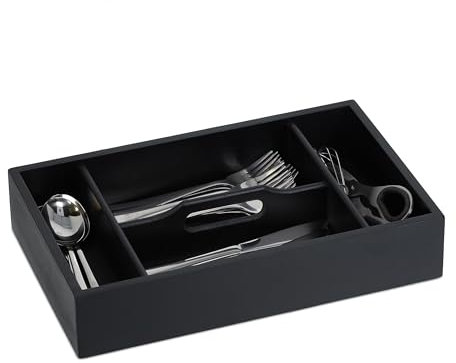 Relaxdays Besteckkasten, 4 Fächer mit Griff, Schubladen Ordnungssystem, HBT: 7 x 37 x 23 cm, Besteck Organizer, schwarz