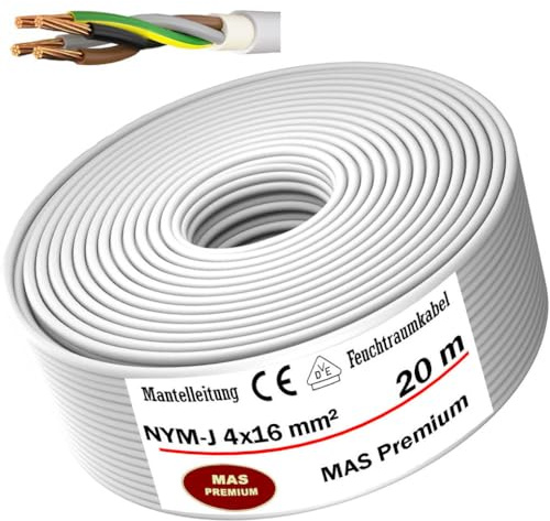 MAS Premium 5-100m Feuchtraumkabel Stromkabel Mantelleitung NYM-J 4x1,5, 2,5, 4, 6, 10 oder 16 Elektrokabel Ring für feste Verlegung (NYM-J 4x16 mm², 20m)