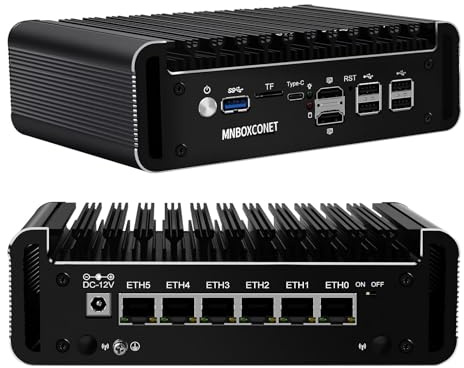 MNBOXCONET Firewall Mini PC Appliance N100, Small Lüfterlos Computer 6 x 2.5GbE I226-V LAN, DDR5 8GB RAM 128GB SSD, Micro Router OPNsense, Type-C, TF Slot, HD