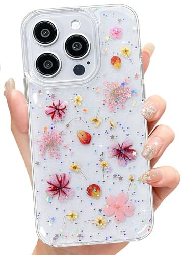 Abbery für iPhone 15 Pro Hülle Blumen Muster Durchsichtig Mit Getrocknete Blumen Motiv Glitzer Silikon Frauen Mädchen Stoßfeste Anti-Kratzer Handyhülle Cover für iPhone 15 Pro (Rosa)