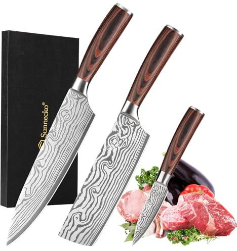 Sunnecko Couteaux de Cuisine Japonais Professionnel 3 Pièces, Set Couteau Cuisine Office Chef Nakiri en Acier Inox Lasé, pour Fruit Viande Légume